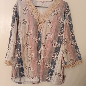 Floral V-Neck Crochet Trim Women's Top - Pink and Blue